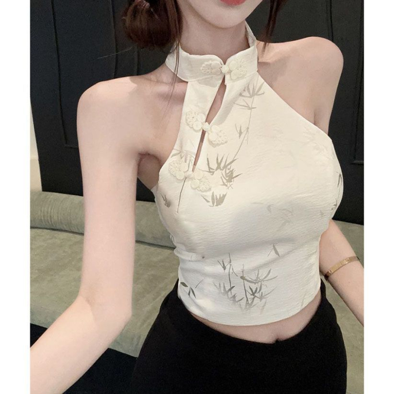 Halterneck top bez rukava, otvorena leđa, rock motiv otisak, poliester materijal, uski kroj.