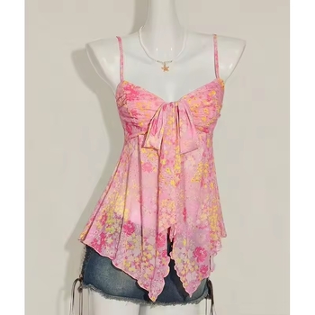 Cvjetni poliester top – naramenice dvostruke, uski kroj, kratka duljina