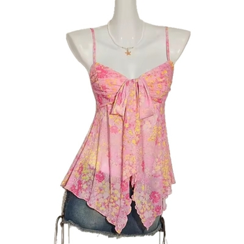 Cvjetni poliester top – naramenice dvostruke, uski kroj, kratka duljina