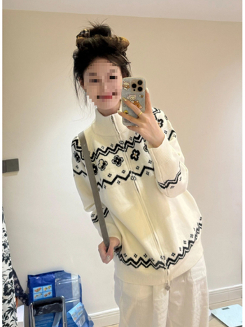 Ženski džemper-cardigan sa zatvaračem – Fair Isle uzorak, vunena smjesa Ice Silk i Spandex, polo ovratnik, rukavi princeze