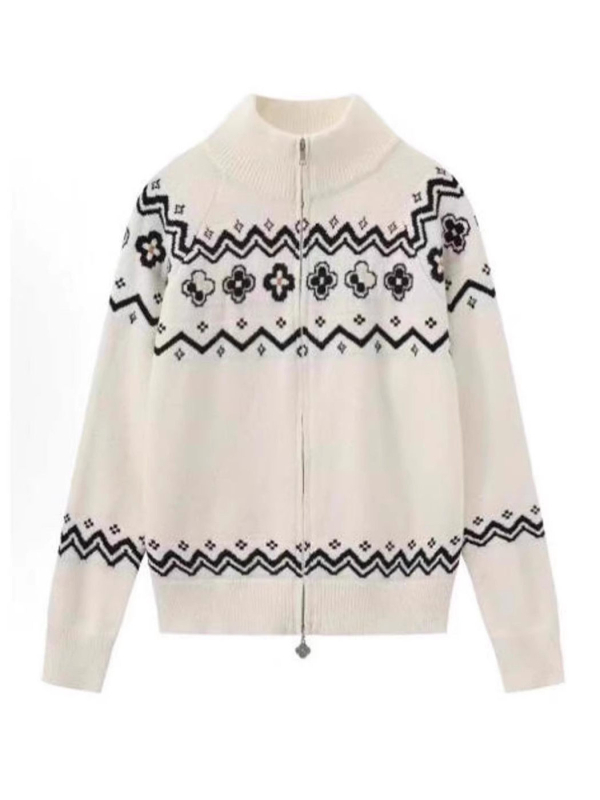 Ženski džemper-cardigan sa zatvaračem – Fair Isle uzorak, vunena smjesa Ice Silk i Spandex, polo ovratnik, rukavi princeze