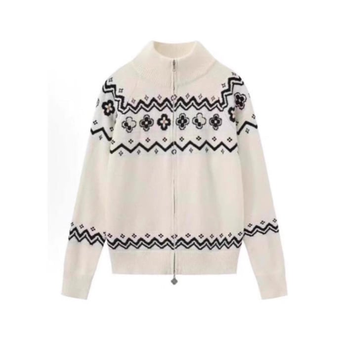 Ženski džemper-cardigan sa zatvaračem – Fair Isle uzorak, vunena smjesa Ice Silk i Spandex, polo ovratnik, rukavi princeze