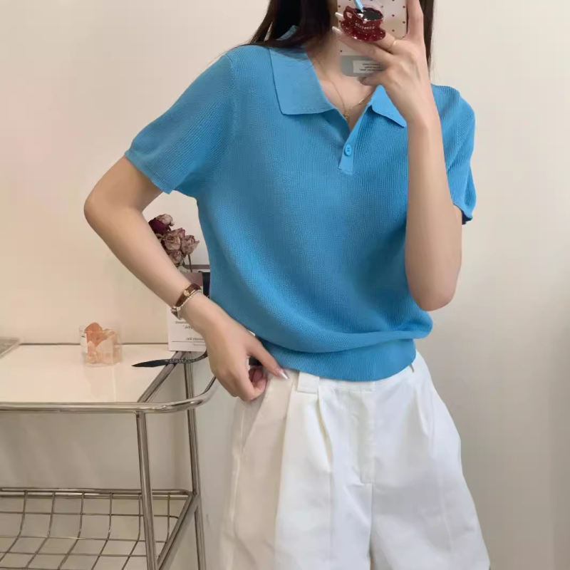 Ženski pleteni top s polo ovratnikom, udoban kroj, rukav ¾, viscose vlakno, srednja debljina, duljina 50–65 cm