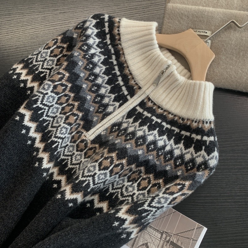 Női kapucnis pulóver fél-zip jacquard kötés, gyapjúkeverék anyagból