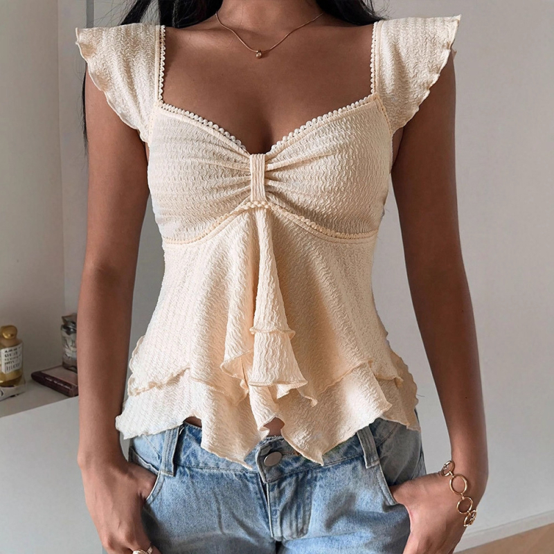 Kratki top s trakama i otvorenim leđima, francuski retro seksi stil, naglašena linija struka, mješavina poliestera i spandexa, mikro-elastičan