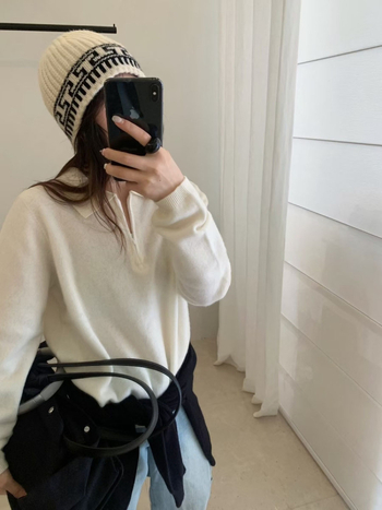 Pulover tricotat cu guler polo, fără cusături, dintr-o singură bucată, fermoar pe jumătate, croială lejeră, 95% lână (Toamnă–Iarnă 2025)