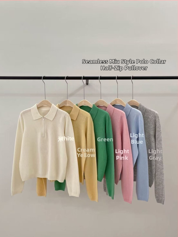 Pulover tricotat cu guler polo, fără cusături, dintr-o singură bucată, fermoar pe jumătate, croială lejeră, 95% lână (Toamnă–Iarnă 2025)