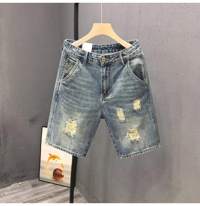 Muške poderane traper šortice, ljeto 2025, poliester tkanina, kapri dužina, vintage stil
