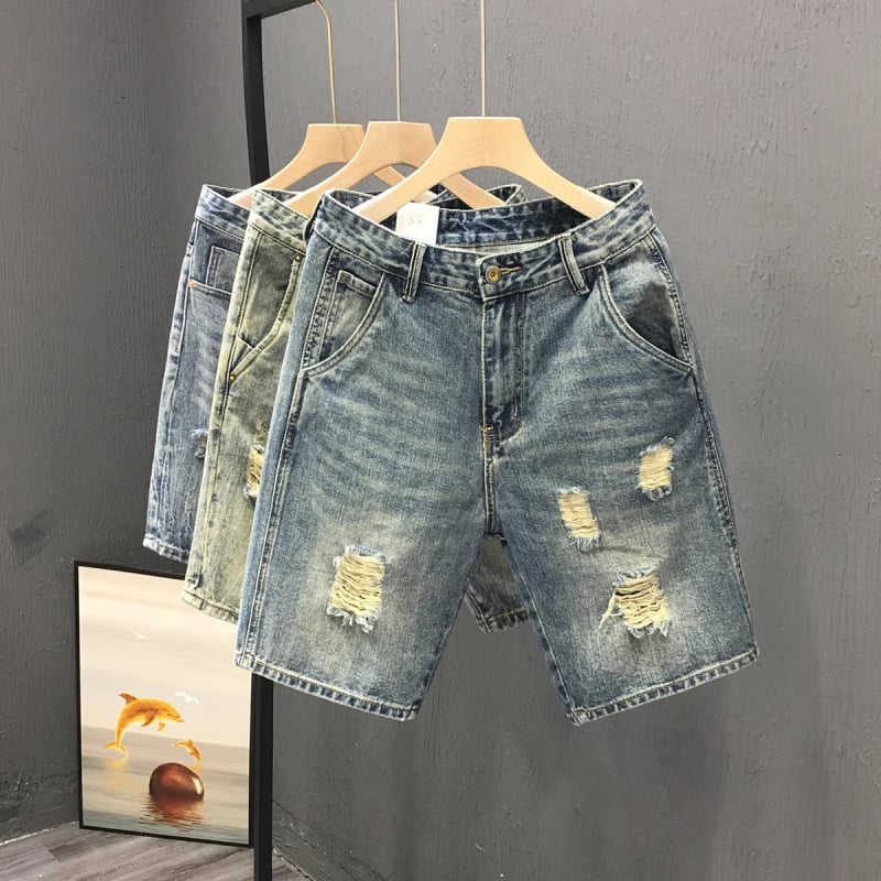 Muške poderane traper šortice, ljeto 2025, poliester tkanina, kapri dužina, vintage stil