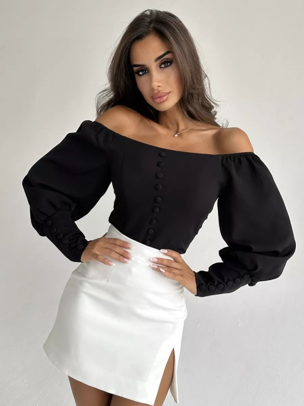 Ženska bluza s dugim rukavima, dekolte bateau, poliester-elastan smješavina, slim fit, srednja duljina 50–65 cm