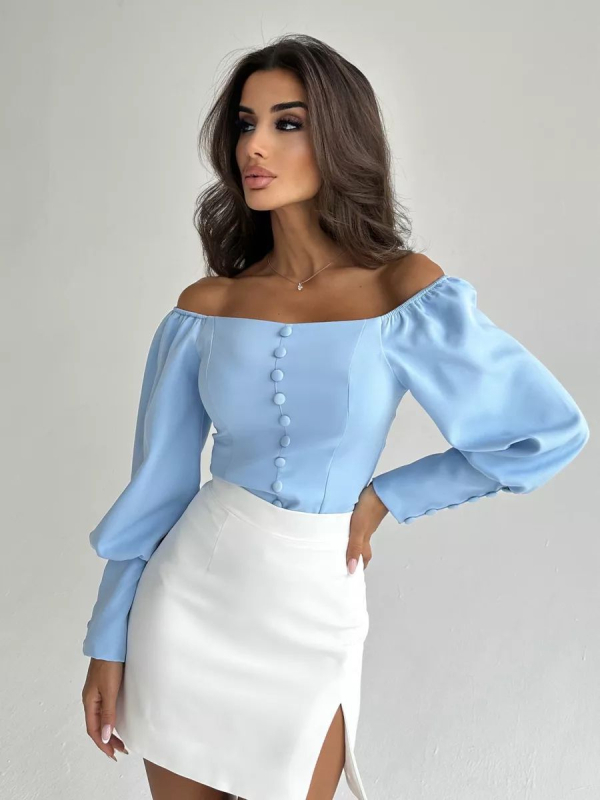 Ženska bluza s dugim rukavima, dekolte bateau, poliester-elastan smješavina, slim fit, srednja duljina 50–65 cm