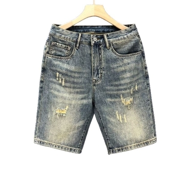 Muške traper šorceve, do koljena, širokog kroja, pamuk denim, retro s poderanim detaljima