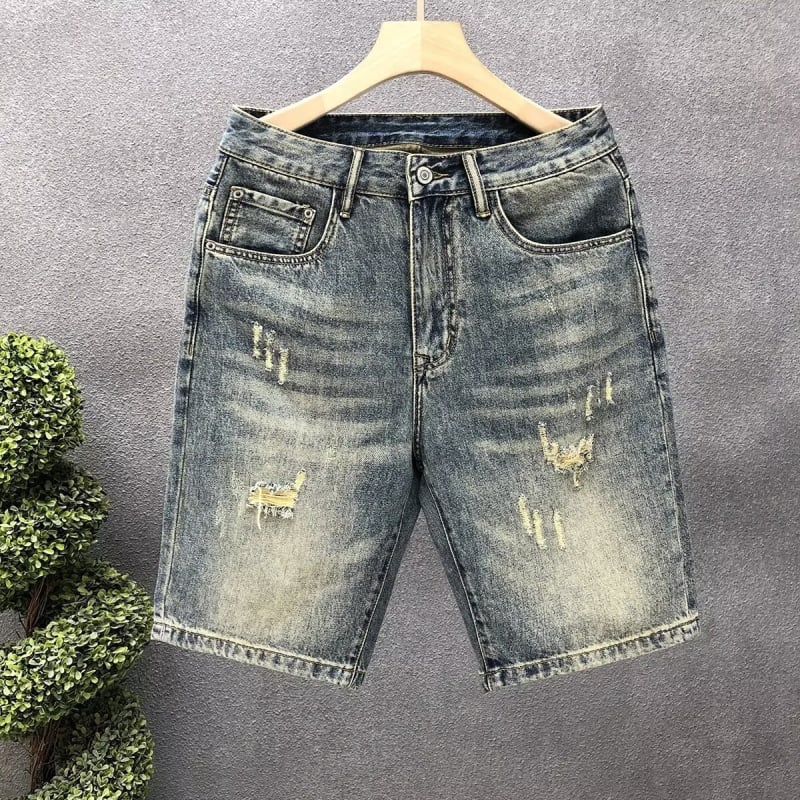 Muške traper šorceve, do koljena, širokog kroja, pamuk denim, retro s poderanim detaljima