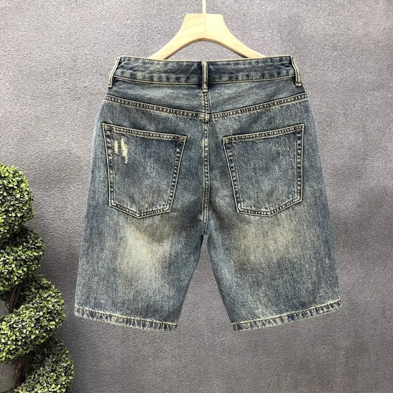 Muške traper šorceve, do koljena, širokog kroja, pamuk denim, retro s poderanim detaljima
