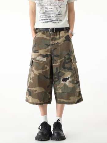 Cargo denim kratke hlače - ljeto, kamuflažni uzorak, poderane, poliester, mikroelastičnost, retro stil