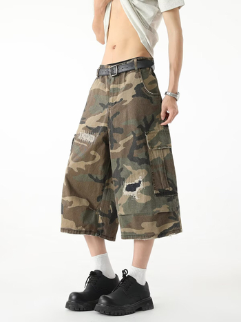 Cargo denim kratke hlače - ljeto, kamuflažni uzorak, poderane, poliester, mikroelastičnost, retro stil