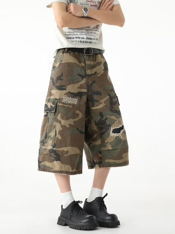 Cargo denim kratke hlače - ljeto, kamuflažni uzorak, poderane, poliester, mikroelastičnost, retro stil