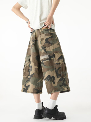 Cargo denim kratke hlače - ljeto, kamuflažni uzorak, poderane, poliester, mikroelastičnost, retro stil