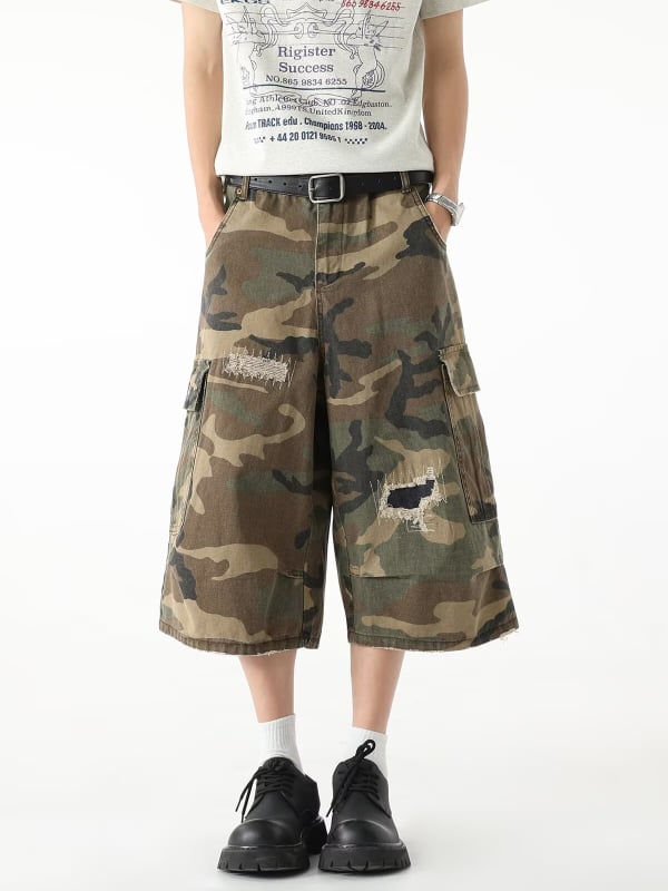 Cargo denim kratke hlače - ljeto, kamuflažni uzorak, poderane, poliester, mikroelastičnost, retro stil