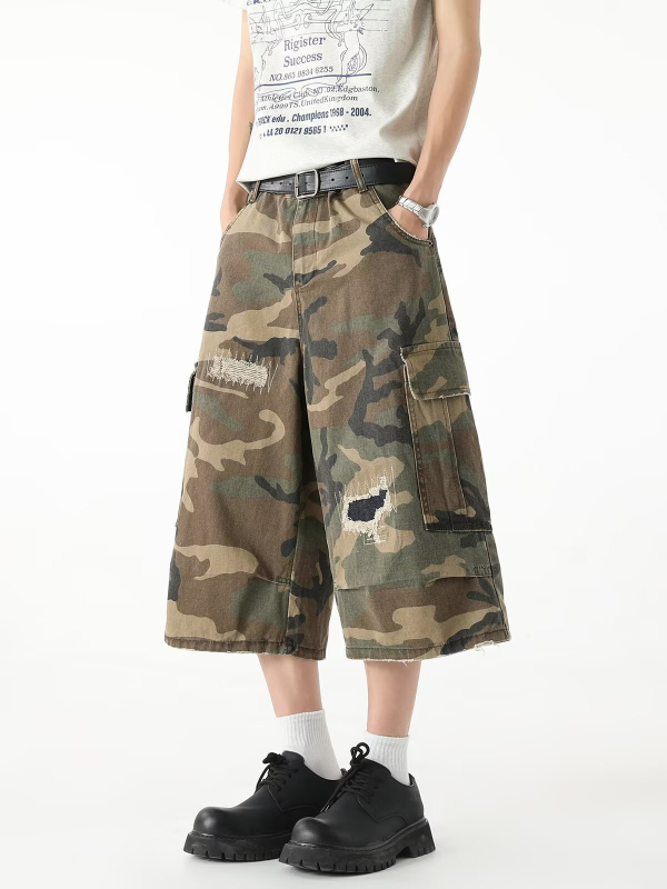 Cargo denim kratke hlače - ljeto, kamuflažni uzorak, poderane, poliester, mikroelastičnost, retro stil