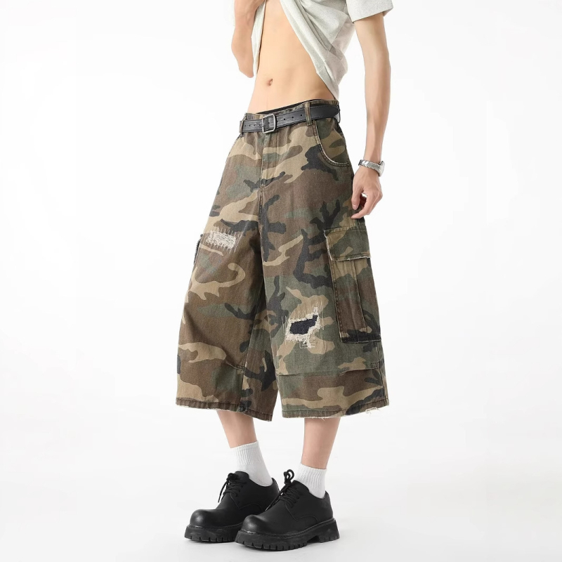 Cargo denim kratke hlače - ljeto, kamuflažni uzorak, poderane, poliester, mikroelastičnost, retro stil