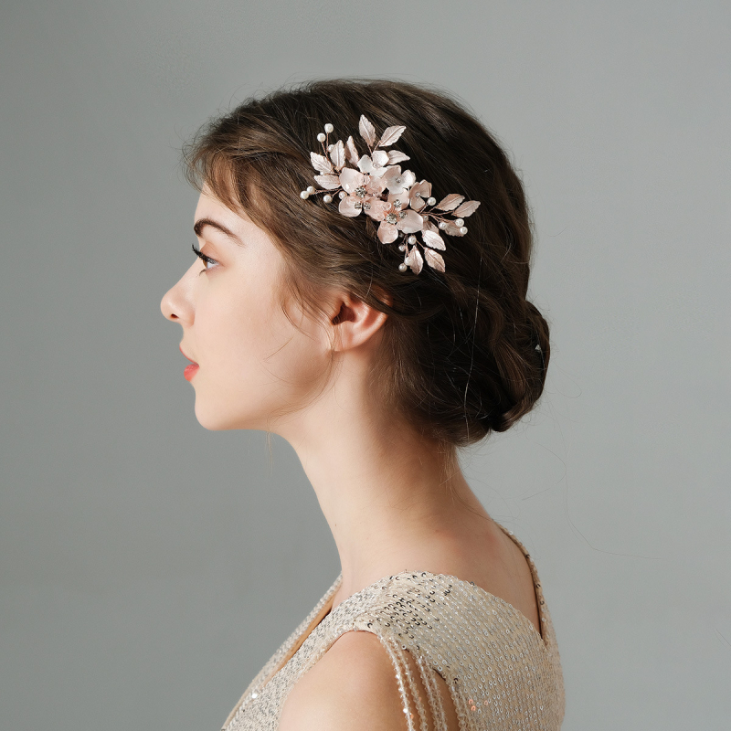 Accesoriu de păr mireasă în stil coreean-japonez, floare din aliaj, lucrat manual, cristale albe, design cu frunze, țesut