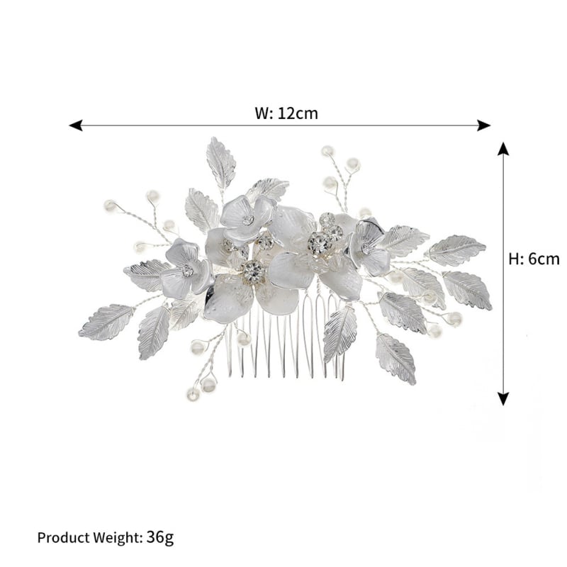 Accesoriu de păr mireasă în stil coreean-japonez, floare din aliaj, lucrat manual, cristale albe, design cu frunze, țesut