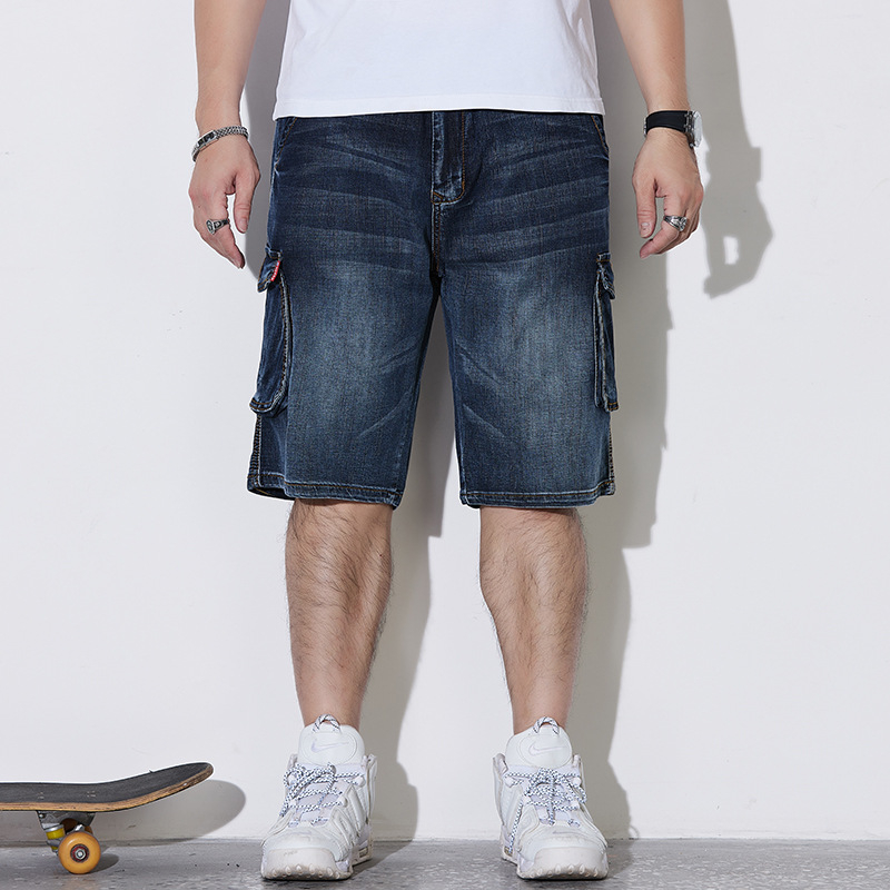 Мъжки дънкови къси панталони, свободен крой, средна талия, къси за лято (Полиестер 75%; Висока еластичност; Деним)