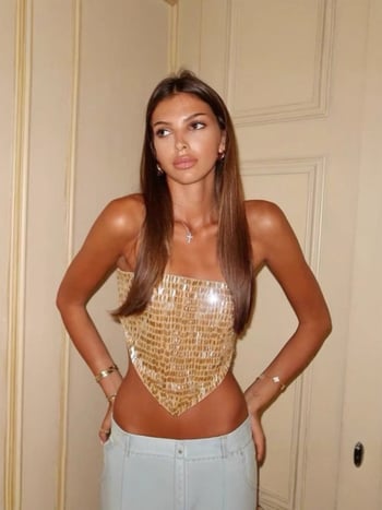 Топ без презрамки от полиестер с пайети и бродерия, нестандартен дизайн с връзване