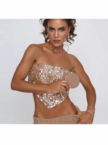 Топ без презрамки от полиестер с пайети и бродерия, нестандартен дизайн с връзване