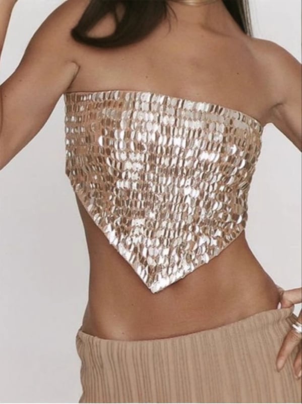 Топ без презрамки от полиестер с пайети и бродерия, нестандартен дизайн с връзване