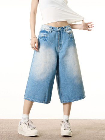 OREETA Amerikanski vintage džins šorc s širokim krojem, cropped dužina, 85% pamuk 15% poliester, retro stil