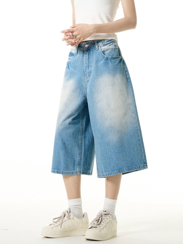 OREETA Amerikanski vintage džins šorc s širokim krojem, cropped dužina, 85% pamuk 15% poliester, retro stil