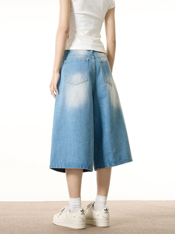OREETA Amerikanski vintage džins šorc s širokim krojem, cropped dužina, 85% pamuk 15% poliester, retro stil