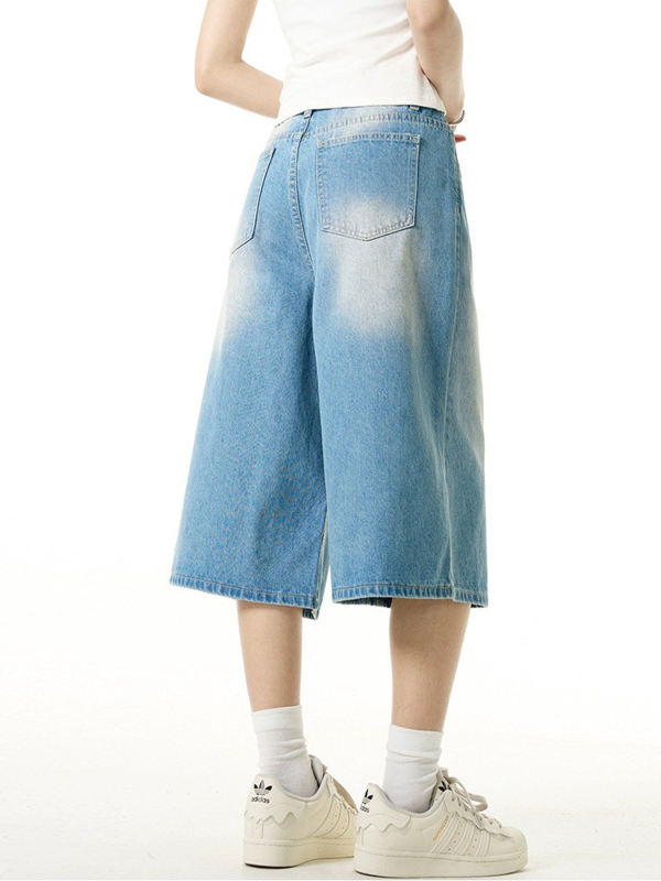 OREETA Amerikanski vintage džins šorc s širokim krojem, cropped dužina, 85% pamuk 15% poliester, retro stil