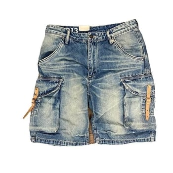 Šorcevi američkog stila, opušteno vintage radničko, izblijedjeli denim, kožna kopča uz rub, više džepova, mješavina pamuka