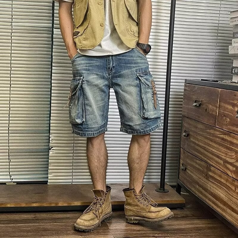 Šorcevi američkog stila, opušteno vintage radničko, izblijedjeli denim, kožna kopča uz rub, više džepova, mješavina pamuka