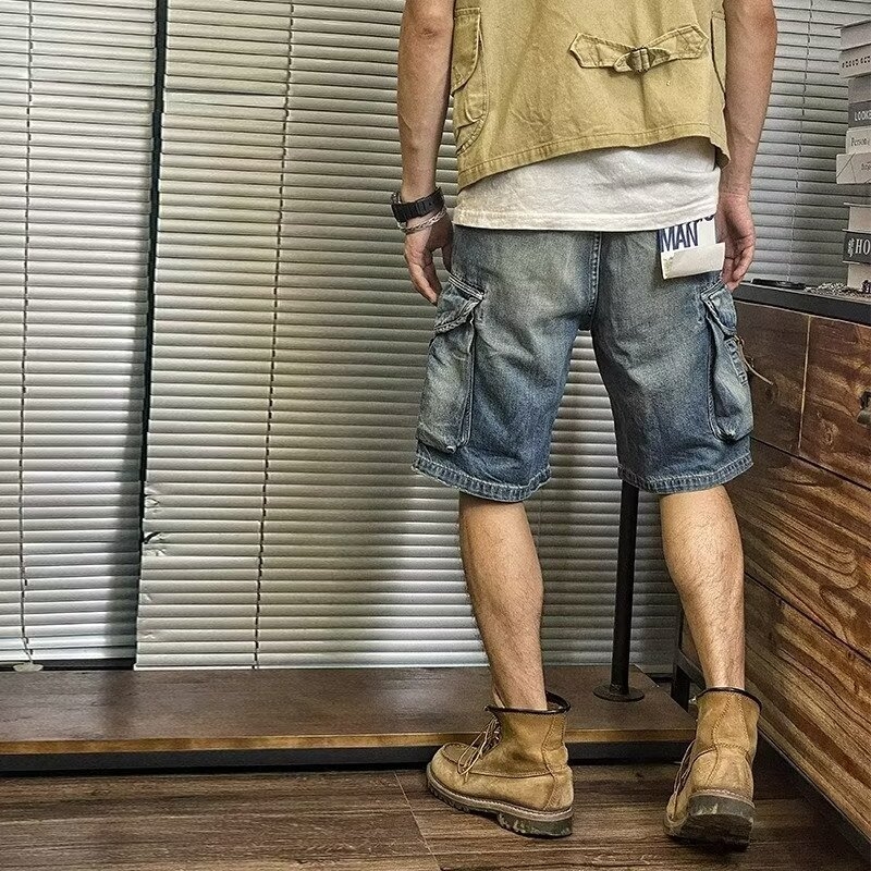 Šorcevi američkog stila, opušteno vintage radničko, izblijedjeli denim, kožna kopča uz rub, više džepova, mješavina pamuka