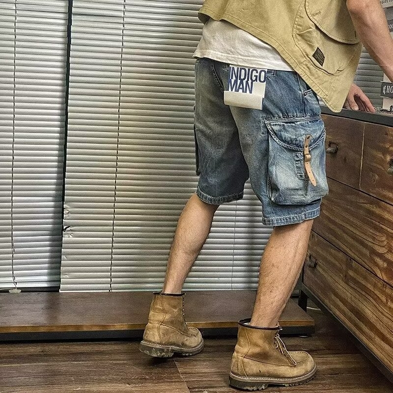 Šorcevi američkog stila, opušteno vintage radničko, izblijedjeli denim, kožna kopča uz rub, više džepova, mješavina pamuka