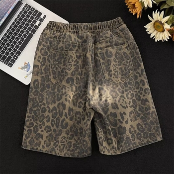 Capri dužine traper šorc s leopard uzorkom, labav kroj, mikroelastičnost, 68% poliester