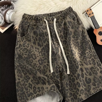 Capri dužine traper šorc s leopard uzorkom, labav kroj, mikroelastičnost, 68% poliester