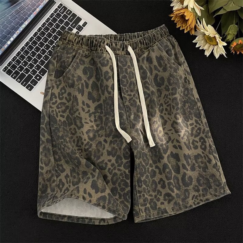 Capri dužine traper šorc s leopard uzorkom, labav kroj, mikroelastičnost, 68% poliester
