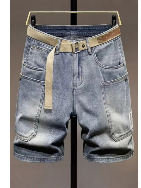 Muške traper šortse - američki gradski stil, šorts s pet džepova, ravni kroj, ljeto, 30% pamuka