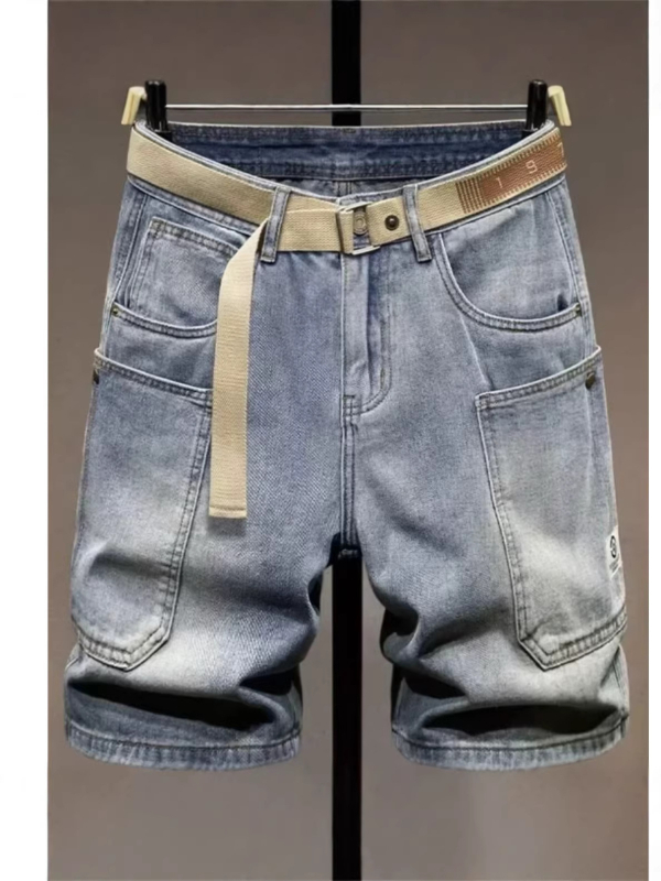 Muške traper šortse - američki gradski stil, šorts s pet džepova, ravni kroj, ljeto, 30% pamuka