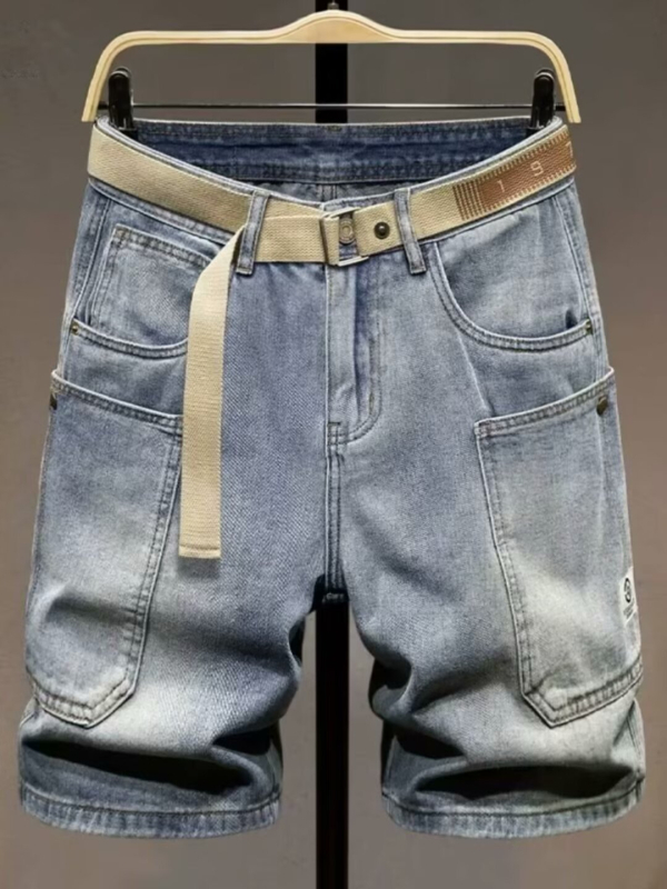 Muške traper šortse - američki gradski stil, šorts s pet džepova, ravni kroj, ljeto, 30% pamuka