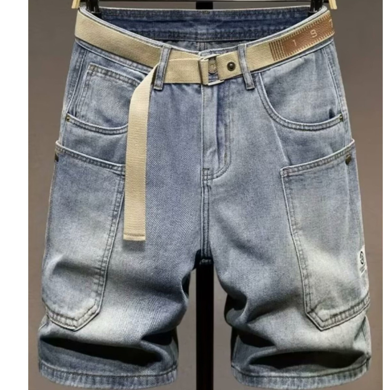 Muške traper šortse - američki gradski stil, šorts s pet džepova, ravni kroj, ljeto, 30% pamuka