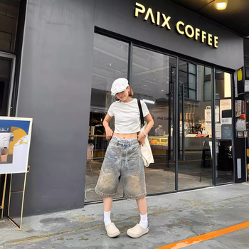 Деним къси панталони, straight loose fit, 5-length, 65% памук, Cowboy Denim, ретро стил