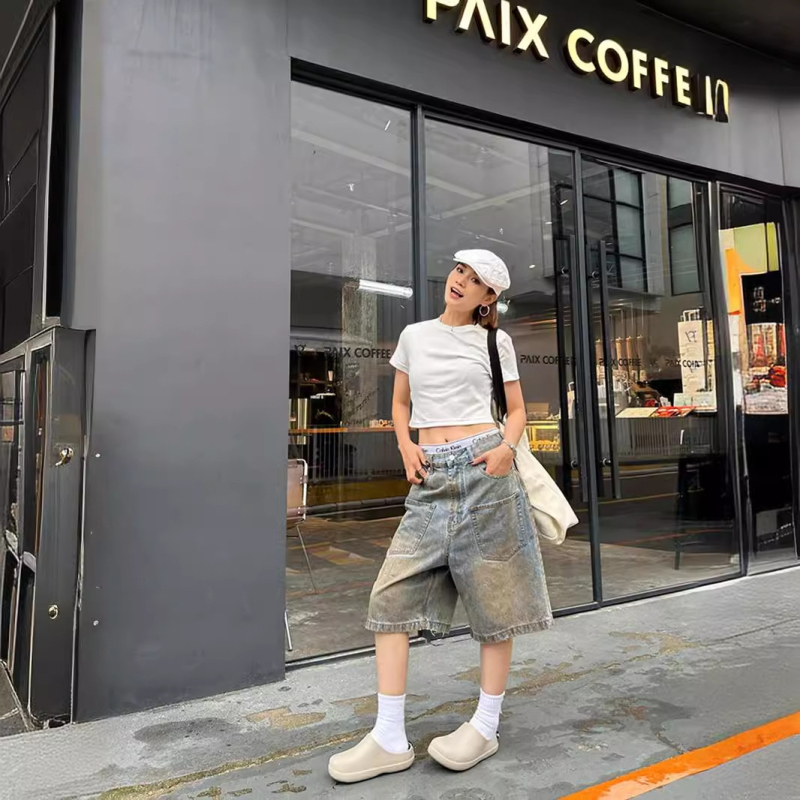 Деним къси панталони, straight loose fit, 5-length, 65% памук, Cowboy Denim, ретро стил