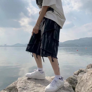 Traper kratke hlače s tie-dye - labav kroj, srednji pojas, zip, 68% pamuk