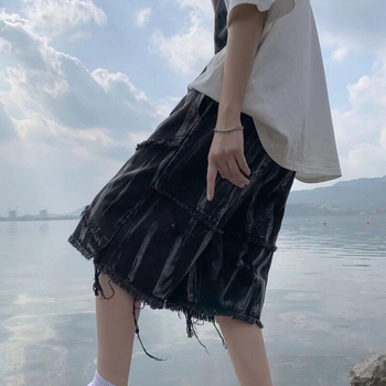 Traper kratke hlače s tie-dye - labav kroj, srednji pojas, zip, 68% pamuk